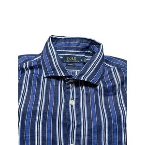 Polo Ralph Lauren Mens Blue Striped 100% Linen Slim Fit Button up Shirt L